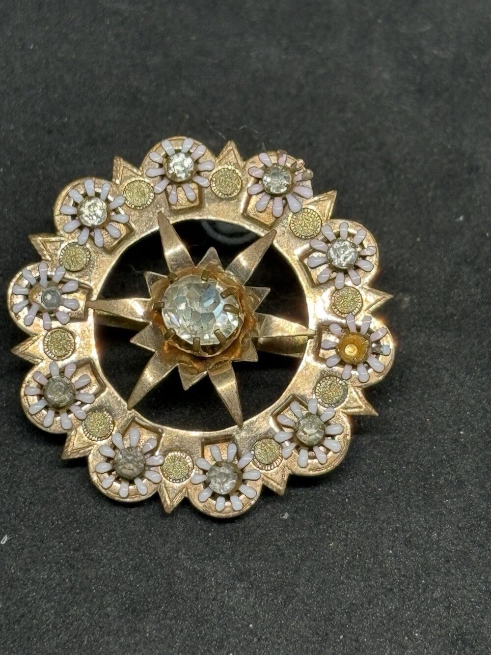 Antique Victorian Gold Filled Disc Daisy Enamel Floral Star Brooch Pin Pendant